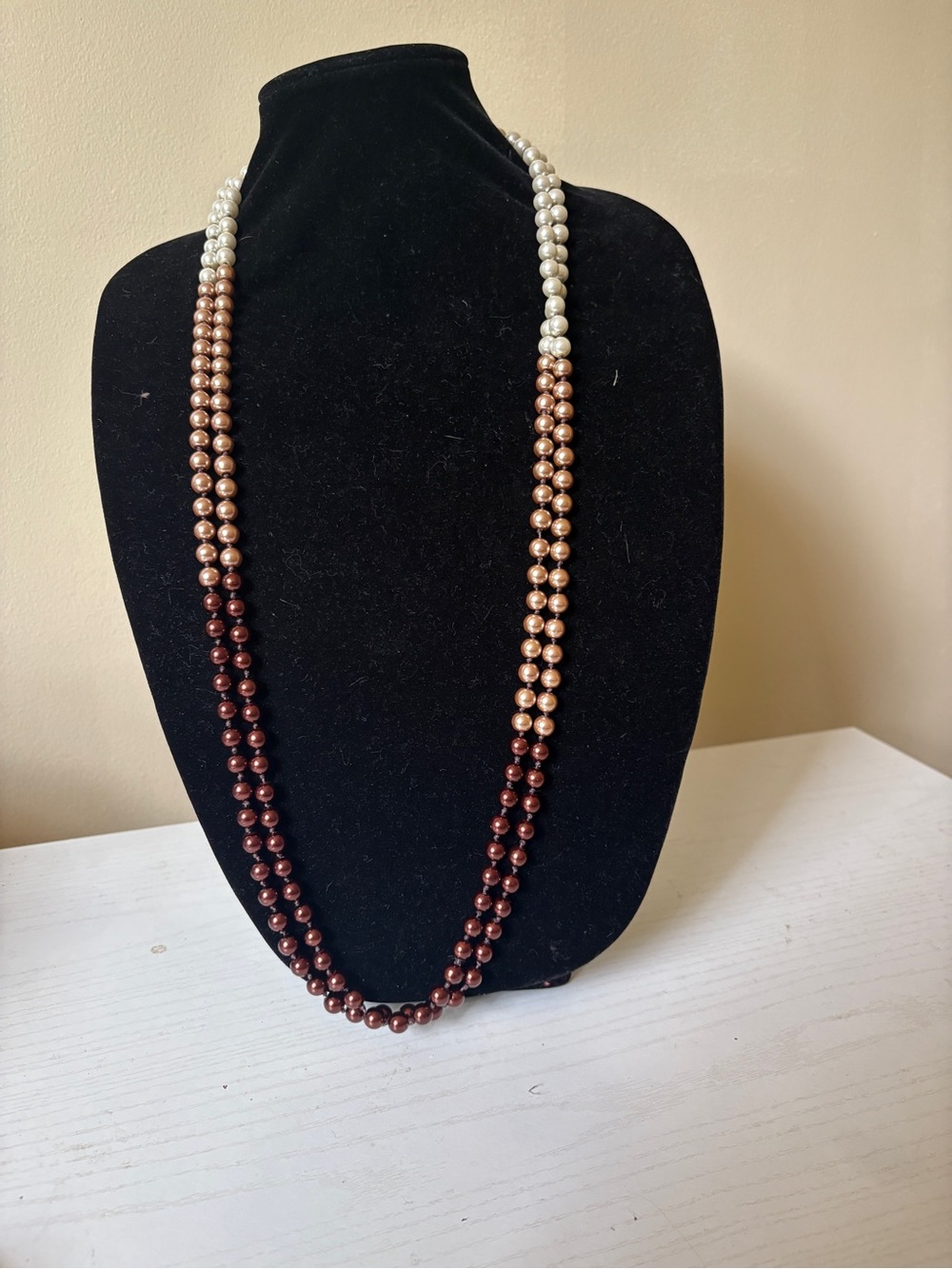 Classic Three-Tone Pearl Necklace in White, Champagne and Brown